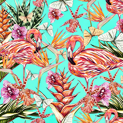 Beautiful vintage seamless floral jungle pattern background. Colorful tropical flowers, palm leaves and plants, butterflies, birds of paradise with pink flamingos, exotic prints. 500 Jigsaw Puzzle 3D Modell