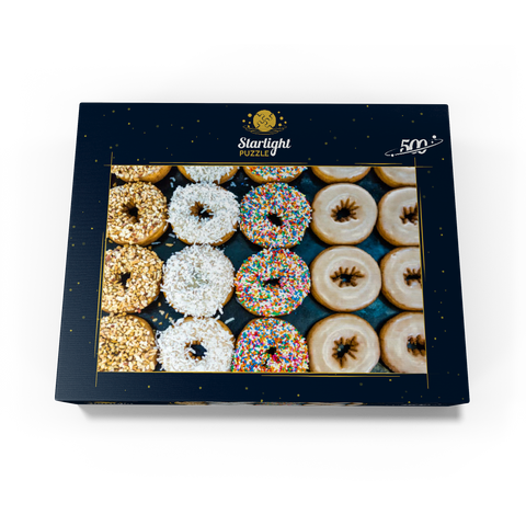 Fresh donuts with a variety of toppings from the local bakery. 500 Jigsaw Puzzle box view1