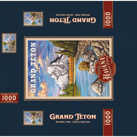 Grand Teton National Park - Grizzly Bear Hug, Vintage Travel Poster 1000 Jigsaw Puzzle box 3D Modell
