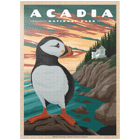 puzzleplate Acadia National Park - Bass Harbor Puffins, Vintage Travel Poster 1000 Jigsaw Puzzle
