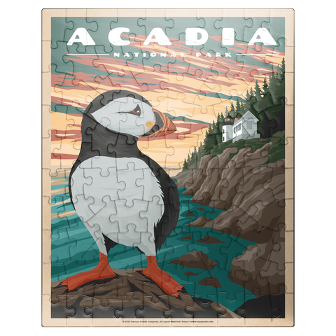 puzzleplate Acadia National Park - Bass Harbor Puffins, Vintage Travel Poster 100 Jigsaw Puzzle