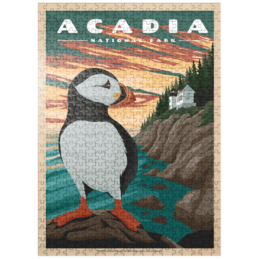 puzzleplate Acadia National Park - Bass Harbor Puffins, Vintage Travel Poster 500 Jigsaw Puzzle