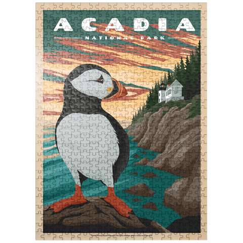 puzzleplate Acadia National Park - Bass Harbor Puffins, Vintage Travel Poster 500 Jigsaw Puzzle