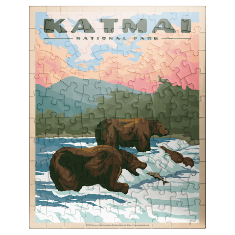 puzzleplate Katmai National Park - Fishing Bears At Brooks Falls, Vintage Travel Poster 100 Jigsaw Puzzle