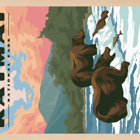 Katmai National Park - Fishing Bears At Brooks Falls, Vintage Travel Poster 100 Jigsaw Puzzle 3D Modell