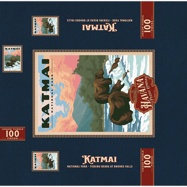 Katmai National Park - Fishing Bears At Brooks Falls, Vintage Travel Poster 100 Jigsaw Puzzle box 3D Modell